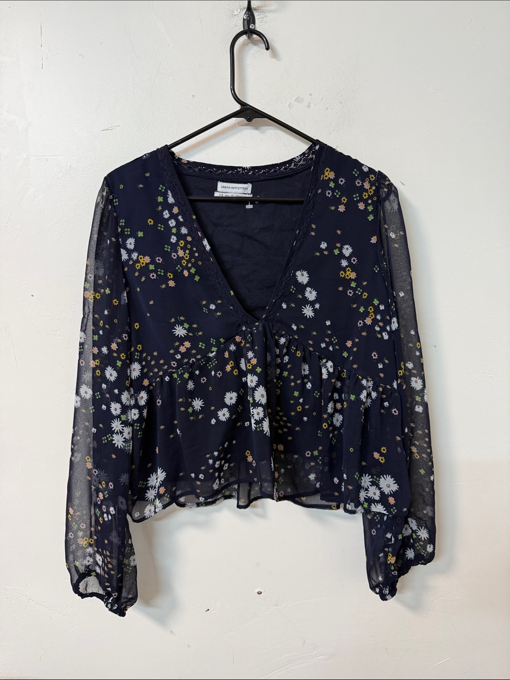 Urban Outfitters Navy Floral Tie-Front Sheer Blouse